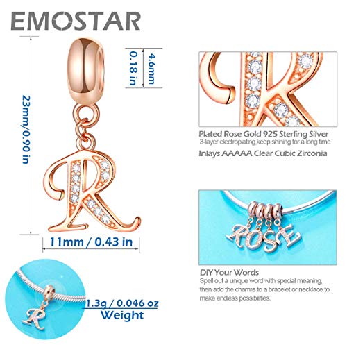 EMOSTAR Letter Charms Initial A-Z Alphabet Beads, Rose Gold 925 Sterling Silver Dangle CZ Birthstone Pendant, Gifts for European Charm Bracelet/Mothers Day/Birthday - color: Letter R