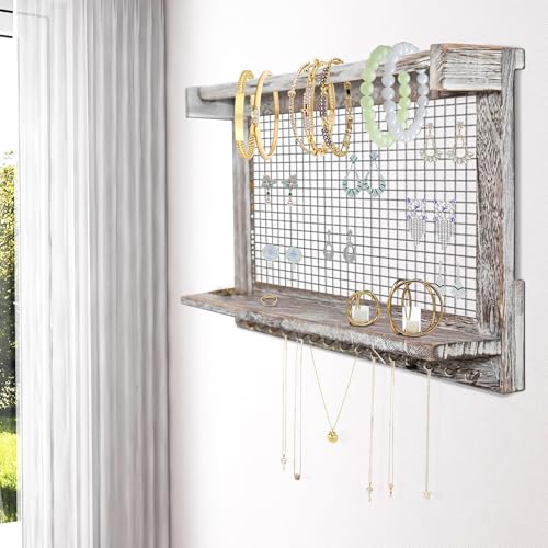 Rustic Wall Mounted Jewelry Organizer with Removable Bracelet Rod & Shelf - Multi-Functional Earring Holder, Necklace Organizer and Bracelet Stand with Hooks for Jewelry Storage and Display