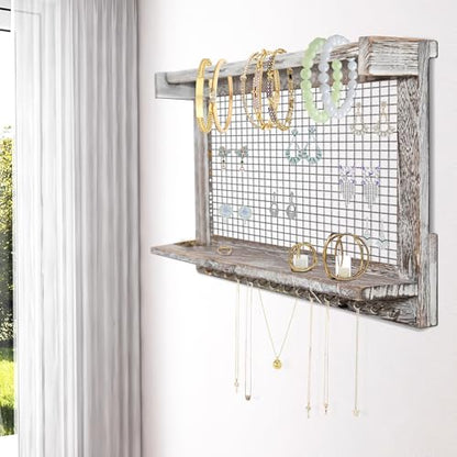 Rustic Wall Mounted Jewelry Organizer with Removable Bracelet Rod & Shelf - Multi-Functional Earring Holder, Necklace Organizer and Bracelet Stand with Hooks for Jewelry Storage and Display