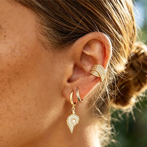 Dremmy Studios Dainty CZ Huggie Hoop Earrings 14K Gold Plated Chunky Simple Cute Thick Round Frill Bead Ball Starburst Cuff Earrings Cubic Zirconia Hoop Earrings Minimalist Personalized Gift for Her - color: Rainbow A