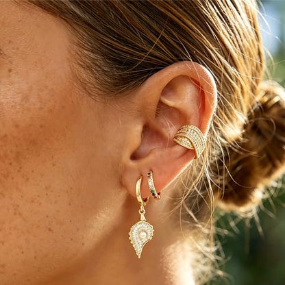 Dremmy Studios Dainty CZ Huggie Hoop Earrings 14K Gold Plated Chunky Simple Cute Thick Round Frill Bead Ball Starburst Cuff Earrings Cubic Zirconia Hoop Earrings Minimalist Personalized Gift for Her - color: Rainbow A