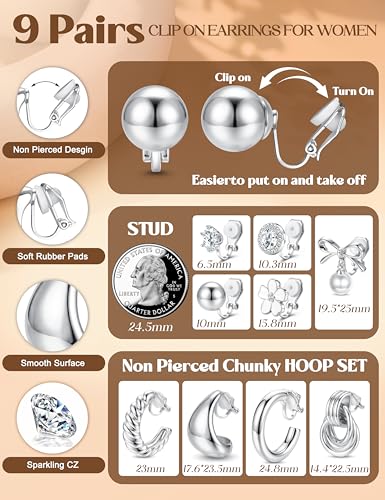 LOLIAS Clip On Earrings for Women 14K Gold Plated Clip Earrings Non Pierced | Hypoallergenic Ears Clips CZ Pearl Knot Twist Chunky Hoop and Studs Earring Set Lightweight Fake Earings Jewelry - style: 9Pairs-Silver Plated