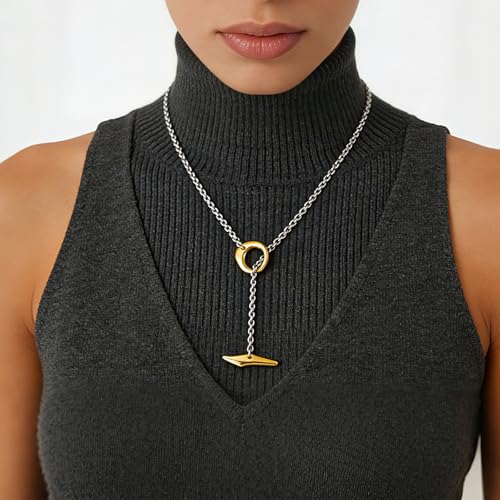 Dainty Lariat Y Necklaces for Women Silver and Gold Plated Layered Two Tone Link Chains Toggle T Bar Long Pendant Necklaces Mixed Metal Jewelry Gifts - style: Silver&Gold-50cm