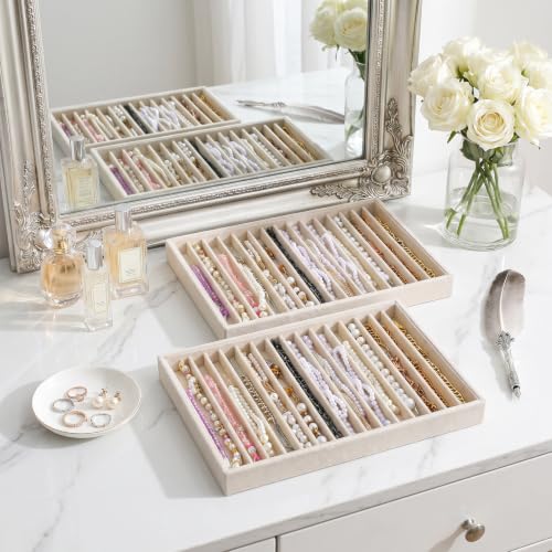 2 Pack Large Velvet Jewelry Tray,16 Grids Stackable Jewelry Display Drawer Inserts Trays Organizer Necklace Storage Trays for Earring Bracelet Necklace Ring