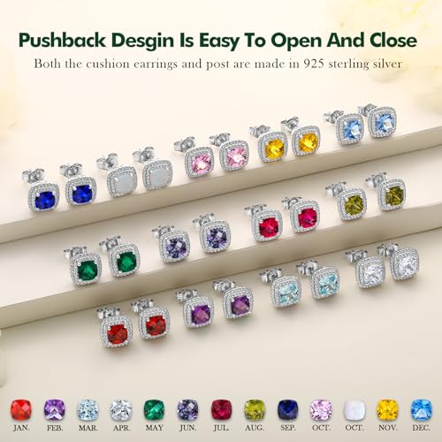 Dainty Birthstone Earrings for Women Sterling Silver Small Stud Earrings with Halo Cushion/Round Created Gemstone Earrings Birthstone Jewelry - style: A 08. Aug./created peridot-cushion cut