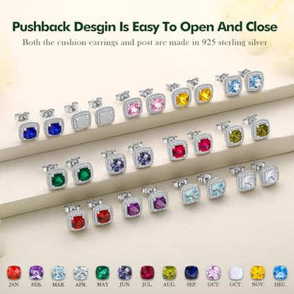 Dainty Birthstone Earrings for Women Sterling Silver Small Stud Earrings with Halo Cushion/Round Created Gemstone Earrings Birthstone Jewelry - style: A 08. Aug./created peridot-cushion cut