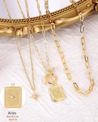 MJartoria Layered Necklaces for Women, 14K Gold Plated Brass | Star Choker, Square Birth Flower, Paperclip Chain, Trendy - color: Gold, style: ZZ-Aries