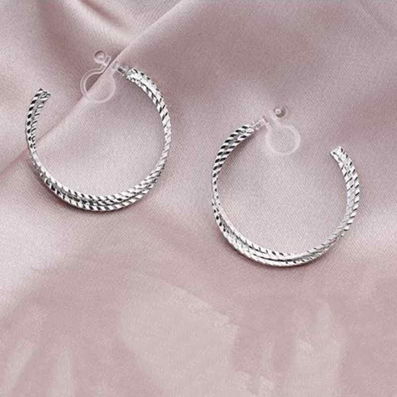 Hoop Invisible Clip On Earrings for Women Not Pierced Gold Small Twisted Hoop Comfortable Silver Large Clip On Earrings - color: Textured Triple Hoop Silver