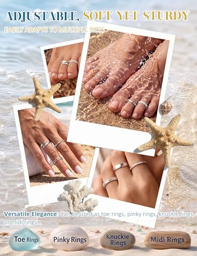 FASACCO 9Pcs 14K Gold Filled Toe Rings Non Tarnish Toe Rings for Women | Adjustable Open Band Ring, Silver Plated Toe Ring, Waterproof Summer Beach Foot Jewelry - color: Silver-Row