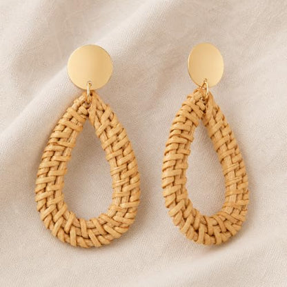 Handmade Rattan Teardrop Dangle Earrings for Women, Lightweight Boho Woven Statement Earrings with Gold Fish Hook, Natural Straw Weave Vacation Jewelry for Summer Beach - style: Woven Teardrop Hoop