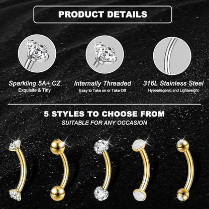 14G Small Belly Button Rings for Women 316L Stainless Steel | Tiny Internally Threaded Navel Rings, Rook Piercing Jewelry, Eyebrow Rings, Hypoallergenic Curved Barbells, 6-16MM, 5PCS - color: 14G/14MM Bar/Gold