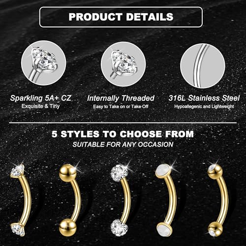 14G Small Belly Button Rings for Women 316L Stainless Steel | Tiny Internally Threaded Navel Rings, Rook Piercing Jewelry, Eyebrow Rings, Hypoallergenic Curved Barbells, 6-16MM, 5PCS - color: 14G/12MM Bar/Silver
