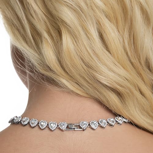 fasone Rhinestone Hearts Necklace, Iced Out Hearts Jewelry，Silver Tennis Necklace For Women，Tennis Necklaces For Women, Heart Tennis Necklace - color: White_15.7inch/8inch