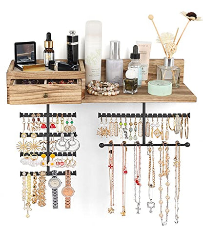 VINAEMO Jewelry Organizer Hanging Wall Mounted Jewelry Holder with Rustic Wood Drawer & Large Capacity Storage Shelf Rack Display for Earrings Rings Necklaces Bracelet - color: Carbonized Black