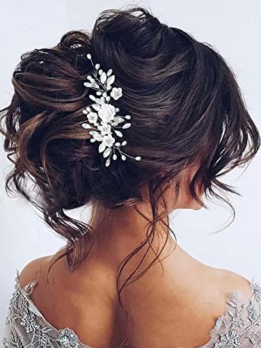 GORAIS Flower Wedding Hair Vine Pearl Bridal Hair Pieces Crystal Hair Accessories for Bride and Women - color: a-silver