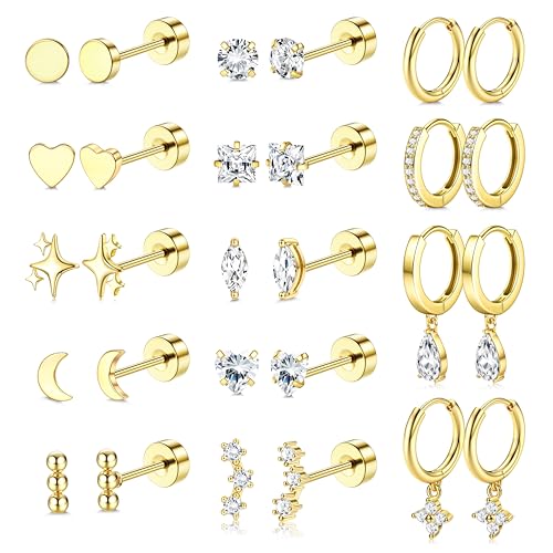 Florideco Hypoallergenic Flat Back Earrings for Women 14K Gold Plated Surgical Steel Stud Hoop Earrings for Sensitive Ears Stainless Steel Earrings Flatback Stud Cartilage Earring Set - color: 14K Gold Plated