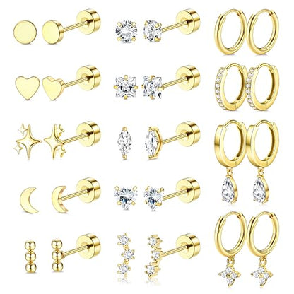 Florideco Hypoallergenic Flat Back Earrings for Women 14K Gold Plated Surgical Steel Stud Hoop Earrings for Sensitive Ears Stainless Steel Earrings Flatback Stud Cartilage Earring Set - color: 14K Gold Plated