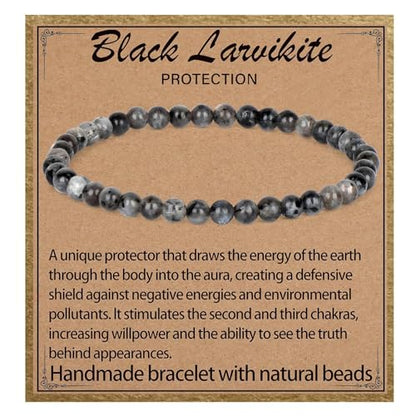 LPBeads Handmade Natural Gemstone Stretch Elastic Bracelet Healing Crystal Round Stone Beads Jewelry Gifts for Women Men - color: Black Larvikite, size: 4mm