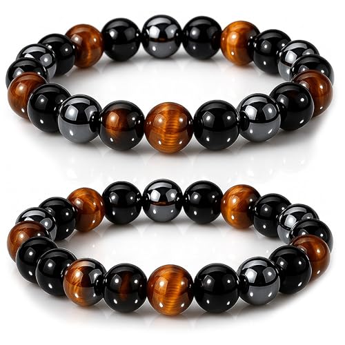 WFJ Black Obsidian Hematite Triple Protection Bracelets Set - Tiger Eye Beaded Natural Stone Bracelet for Men Women Gemstone (10MM) - color: Women’s S–M Wrist -Triple Protection Set of 2