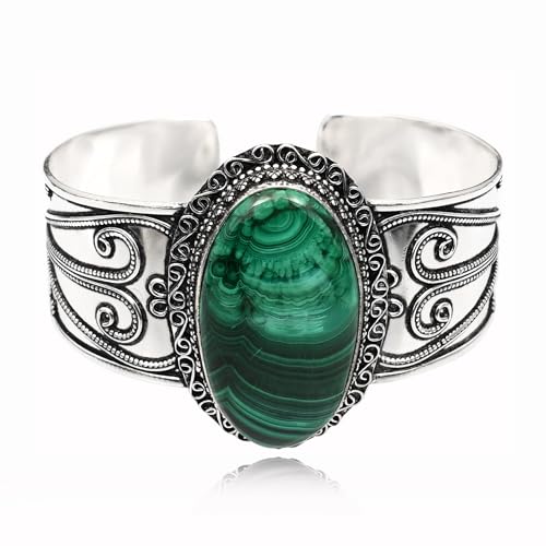 Silver Plated Statement Cuff Bangle Bracelet for Women – Handcrafted Wide Boho Bracelet with Natural Stone Inlay (Abalone Shell, Blue Turquoise, Malachite) Ideal Gift For Birthday Anniversaries Adjustable Fashion Jewelry - color: Malachite