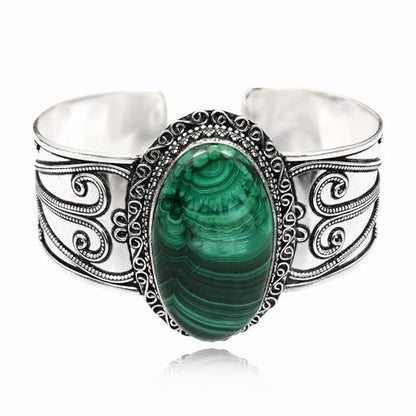 Silver Plated Statement Cuff Bangle Bracelet for Women – Handcrafted Wide Boho Bracelet with Natural Stone Inlay (Abalone Shell, Blue Turquoise, Malachite) Ideal Gift For Birthday Anniversaries Adjustable Fashion Jewelry - color: Malachite