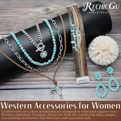 RechicGu Western Jewelry For Women Bohemian Turquoise Dangle Earrings Necklace Bracelet Set, Bullhead Pendant Layered Choker Boho Faux Leather Wristband Country Concert Cowgirl Accessories - color: Jewelry Set C