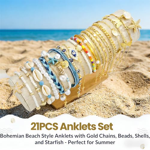 21PCS Gold Ankle Bracelets for Women, Boho Shell Bead Cuban Link Chain Waterproof Gold Anklets Set, Adjustable Layered Anklets for Women Beach Jewelry Gift - color: Gold