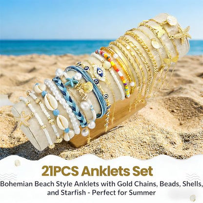 21PCS Gold Ankle Bracelets for Women, Boho Shell Bead Cuban Link Chain Waterproof Gold Anklets Set, Adjustable Layered Anklets for Women Beach Jewelry Gift - color: Gold