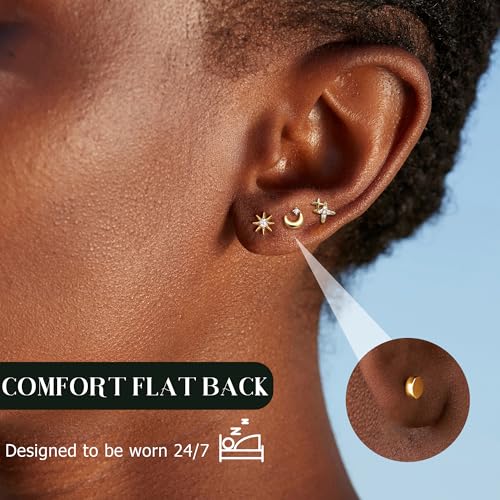 14K Gold Plated 925 Sterling Silver Flat Back Earrings Set | Hypoallergenic Cartilage Helix Conch Tragus Piercing Jewelry 3 Pairs Small Screw Dainty CZ Opal Earring Set Men Women - color: Gold, Style F