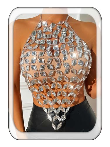 Aukmla Crystal Bra Body Chain Top Silver Rhinestones Halter Crop Tops Beach Bikini Chest Chains Body Jewelry for Women - style: Silver