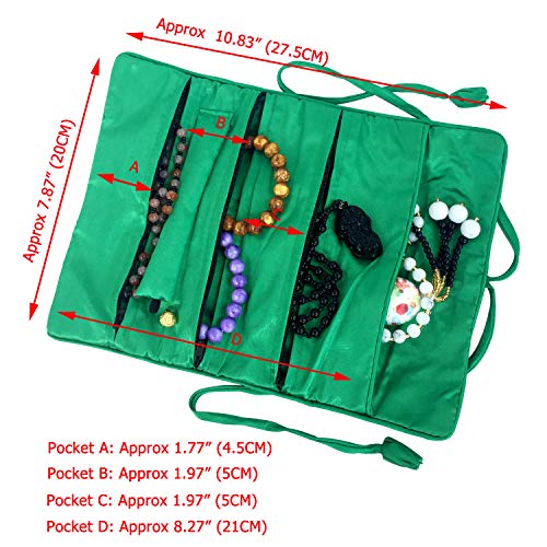 Travel Jewelry Roll Bag - Silk Embroidered Brocade Pouch for Rings, Necklaces, Earrings, Bracelets | Lightweight & Tie Closure (Dark Green) - color: Dark Green