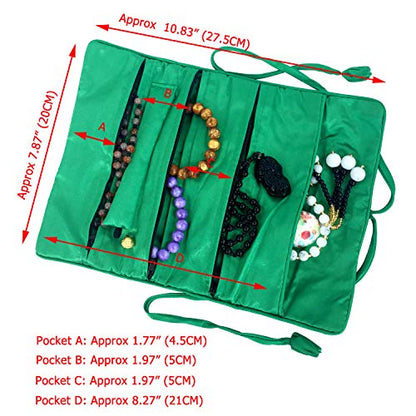 Travel Jewelry Roll Bag - Silk Embroidered Brocade Pouch for Rings, Necklaces, Earrings, Bracelets | Lightweight & Tie Closure (Dark Green) - color: Dark Green