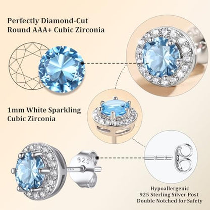 Bestyle 8mm Small Birthstone Earrings for Women with Hypoallergenic Sterling Silver Post,Sparkle Heart/Round Womens Studs Earrings, Great Birthday/Christmas/Anniversary Jewelry for Wife Mother - color: 03. Mar. Aquamarine-Round