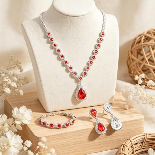 Silver Plated Necklace Earrings Bracelet Crystal Bridal Wedding Jewelry Sets for Wedding princess birthday party Halloween Prom Pageant Jewelry - color: 1-red