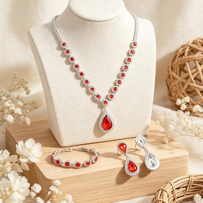 Silver Plated Necklace Earrings Bracelet Crystal Bridal Wedding Jewelry Sets for Wedding princess birthday party Halloween Prom Pageant Jewelry - color: 1-red