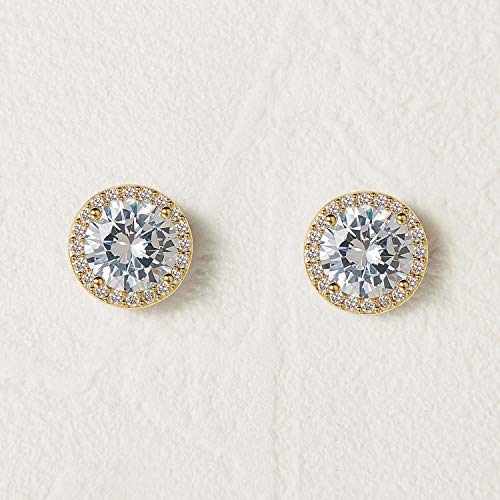 SWEETV Cubic Zirconia Stud Earrings, 8mm Round Cut, Rhinestone Hypoallergenic Earrings for Women & Girls | 9mm Round Cut Hypoallergenic 925 Sterling Silver Stud Earrings for Bridal Bridesmaid Prom Weddings Parties,Silver - color: 04.Gold