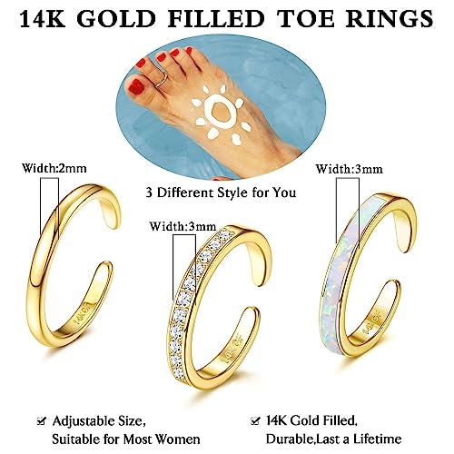 Jstyle 3PCS 14K Gold Filled Toe Rings for Women Adjustable Silver Gold Toe Ring Set Cute Opal CZ Daisy Flower Toe Rings Open Band Hawaiian Beach Summer Foot Jewelry for Women - color: Gold