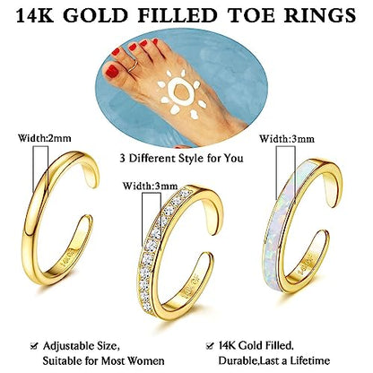 Jstyle 3PCS 14K Gold Filled Toe Rings for Women Adjustable Silver Gold Toe Ring Set Cute Opal CZ Daisy Flower Toe Rings Open Band Hawaiian Beach Summer Foot Jewelry for Women - color: Gold