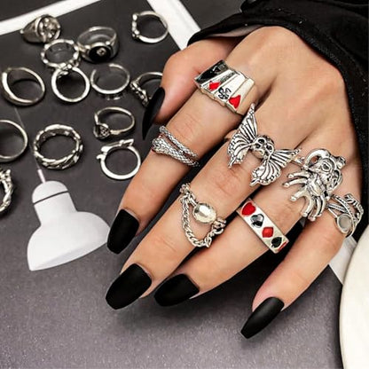 17IF 26-35 Pcs Vintage Silver Knuckle Ring Set for Women Men, Gothic Rings | Grunge Chunky Aesthetic Snake Stackable Adjustable Punk Bulky Finger Alt Fairy Skull Frog Heart Star Flower Midi Ring Pack - style: 21 Red Clown