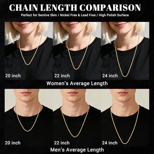 Eusense Stainless Steel Chain Necklace for Men Women Rolo/Wheat/Snake/Box Chain, 2-3MM, 20-24 Inches with Delicate Gift Box - color: 14K Gold-Plated, size: 22+2 Inches Length, style: Rolo Chain-2MM Width