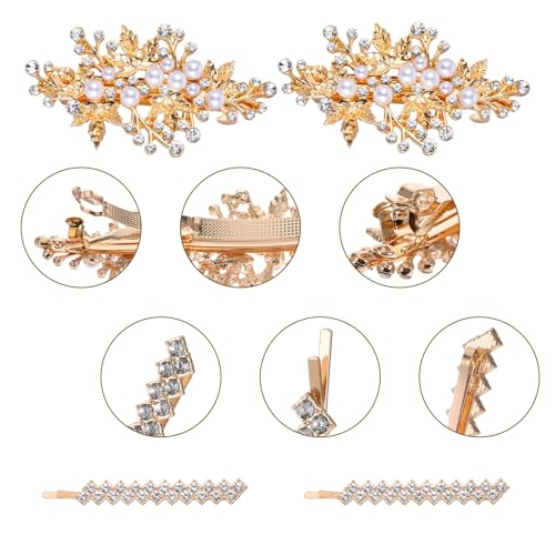 4 PCS Gold Hair Pins Rhinestone Barrette Pearl, Crystal Wedding Leaf Barrette, Sparkly Bridal Hair Clips Accessory for Women Girls