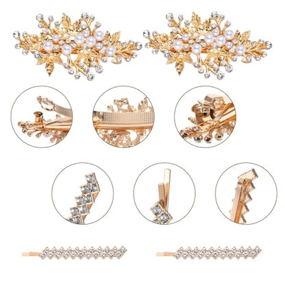4 PCS Gold Hair Pins Rhinestone Barrette Pearl, Crystal Wedding Leaf Barrette, Sparkly Bridal Hair Clips Accessory for Women Girls