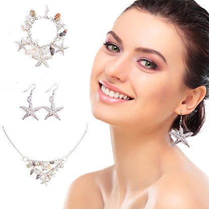 PH PandaHall Mermaid Jewelry Accessories for Women, Starfish Necklace Bracelet Boho Seashell Jewelries Ocean Beach Bib Statement Necklace Earrings for Summer Cosplay Holiday (Platinum) - color: bracelet & necklace & earrings + Gift Box