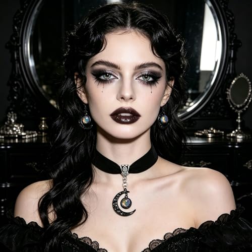 ONLYJUMP Gothic Witch Moon Earrings Necklace Set for Women Goth Black Velvet Moon Choker Necklace Moon Zirconia Dangle Drop Earrings Dark Halloween Witch Vampire Jewelry - color: colorful