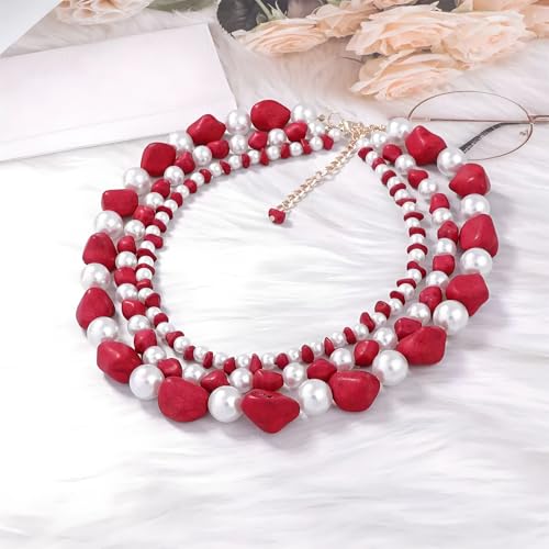 JNF Faux Pearl Statement Necklaces Big Beaded Necklace for Women Chunky Pearls Necklace and Earring Set Large beads Costume Necklace - color: red turquoise neck
