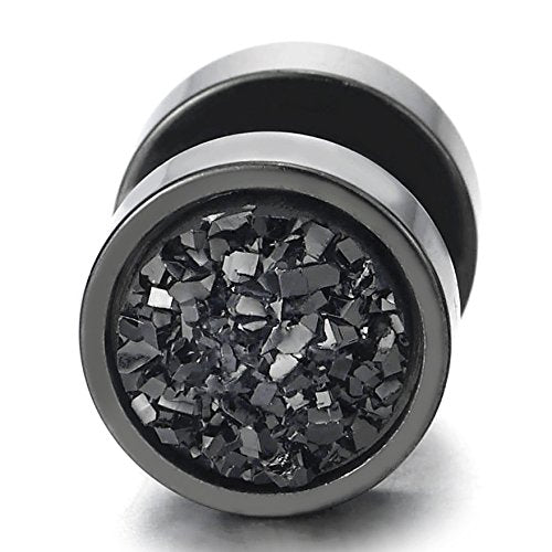 10mm Women Mens Black Circle Stud Earrings Black Glitter, Steel Cheater Fake Ear Plugs Gauges Tunnel - color: Metal color: Black; Stone color: Black