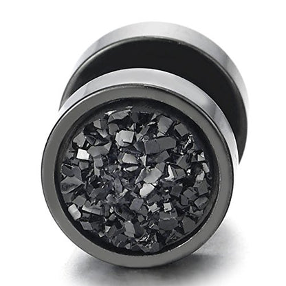 10mm Women Mens Black Circle Stud Earrings Black Glitter, Steel Cheater Fake Ear Plugs Gauges Tunnel - color: Metal color: Black; Stone color: Black