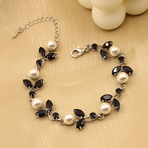 Luxury Cubic Zirconia Aurtrian Crystal Pearl Floral Necklace Dangle Earrings Wedding Bridal Jewelry Set Birthday Gifts for Her - color: Style02-Black-Silver Plated
