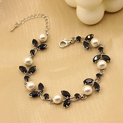 Luxury Cubic Zirconia Aurtrian Crystal Pearl Floral Necklace Dangle Earrings Wedding Bridal Jewelry Set Birthday Gifts for Her - color: Style02-Black-Silver Plated