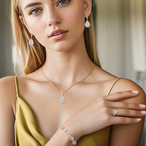 Crysdue Wedding Bridal Teardrop CZ Pendant Necklace Open Ring Dangle Earrings Adjustable Slider Bracelet Jewelry Set, Birthday Mothers Day Christmas Jewellery Gift for Women/Mom/Wife - style: 01-Teardrop Clear Gold-Tone